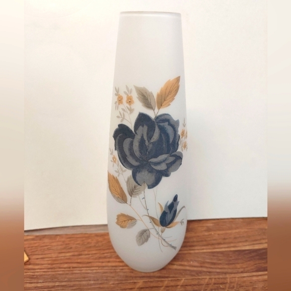 Other - Vintage* MCM Fosted Satin-finish Blue Rose Transferware Bud Vase